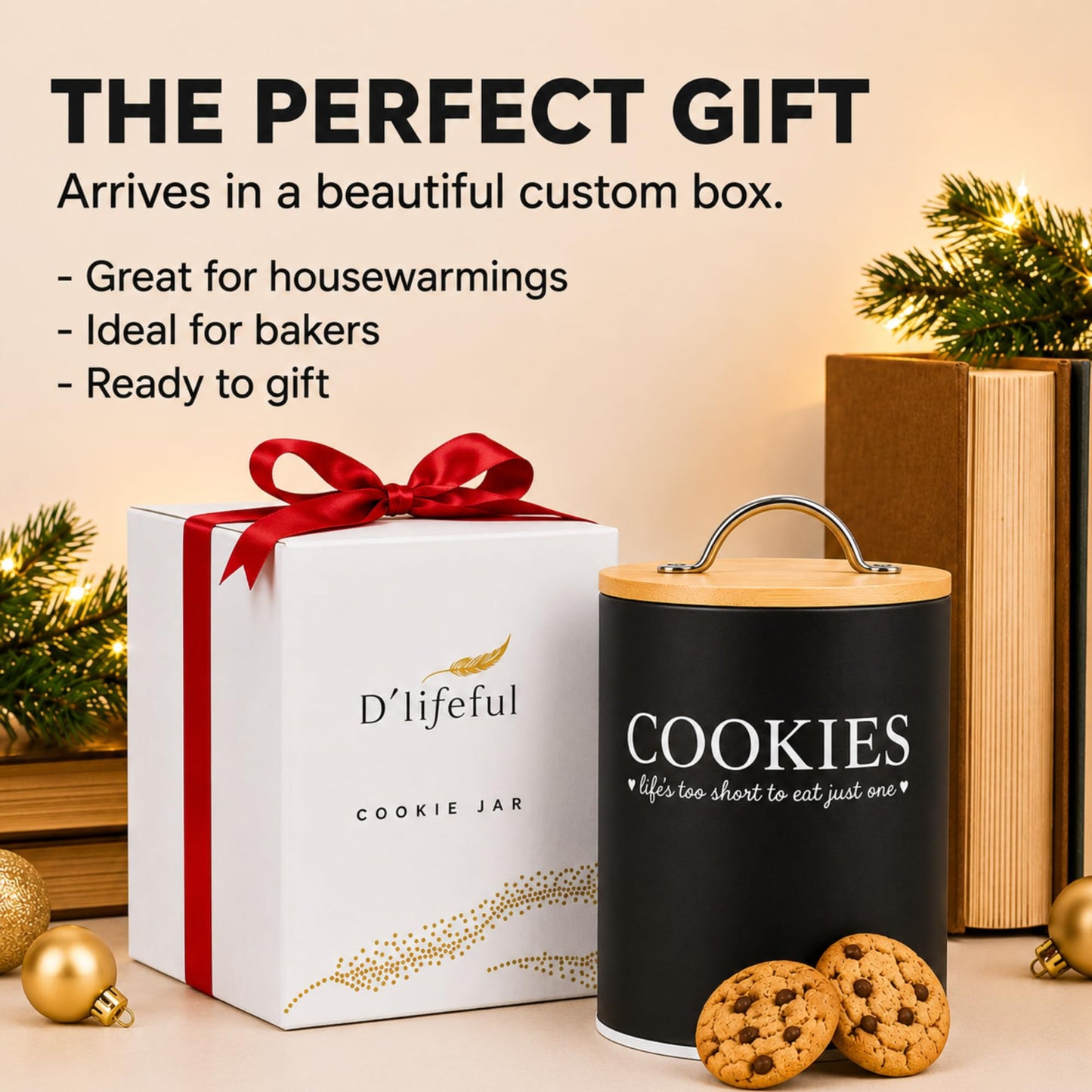 D'Lifeful Cookie Jar with Airtight Bamboo Lid – 0.6 Gallon Cute and Decorative Cookie Storage for Kitchen Countertop – Farmhouse Storage Tin for Freshness – Great Gift Idea