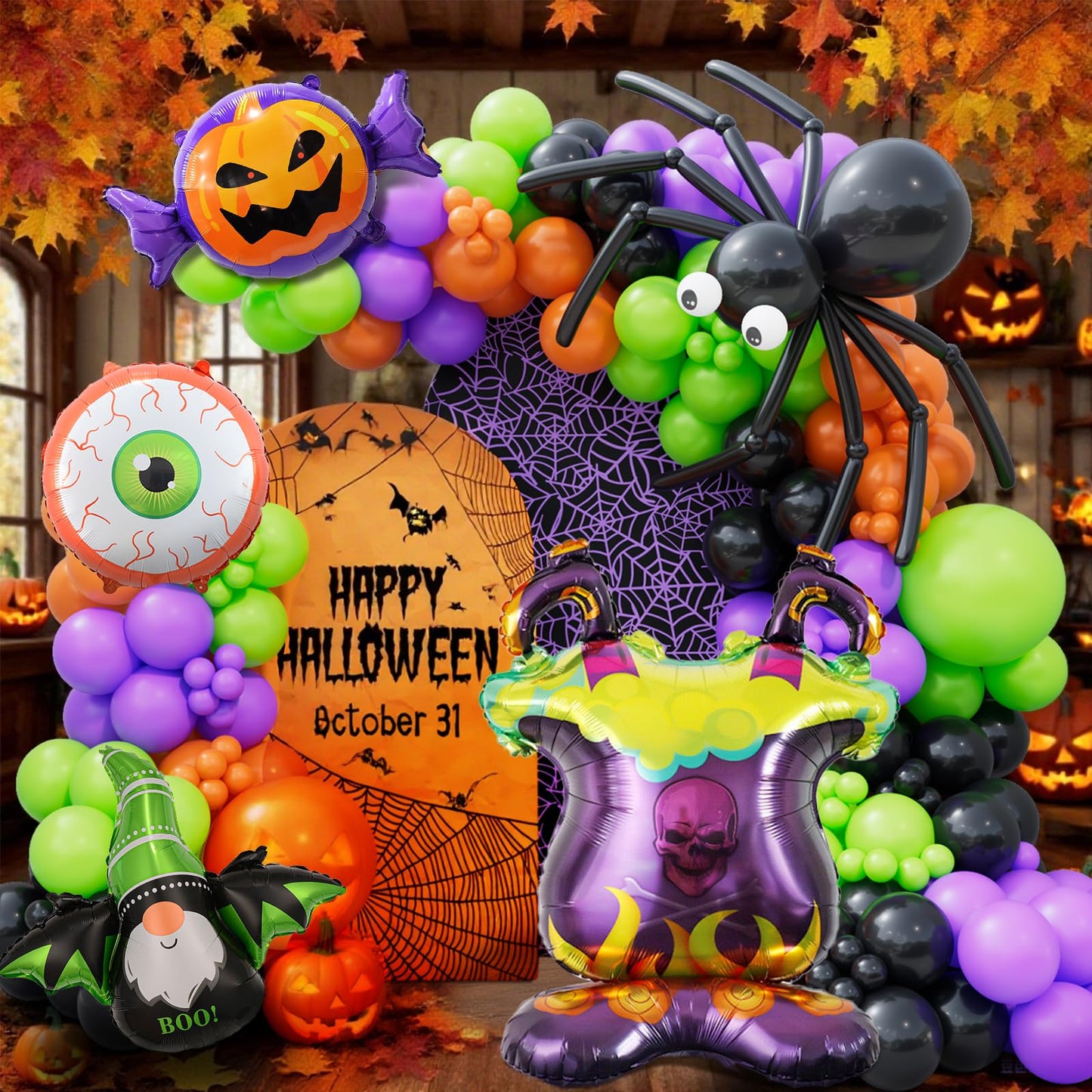 Bonropin Halloween Balloon Garland Arch kit with Black Orange Green Purple Spider Balloons Halloween Furnace Pumpkin Bat Eye Foil Balloons for Haloween Theme Party Background Classroom Decorations