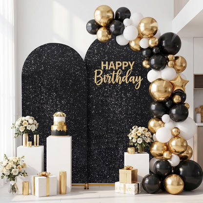 Wedding Arch Cover Set of 2 Glitter Sequin Fitted Arch Stand Covers for Halloween Party Bridal Shower Photo Balloon Arch Covers (7.2FT, 6FT, Black)