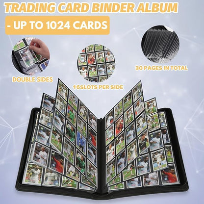 16 Pocket Ringless Side Loading Trading Card Binder, 1024 Cards PU Fixed Page Zipper Card Album for TCG Sports Game Cards, Not Fit Top Loaders (Dark Blue)