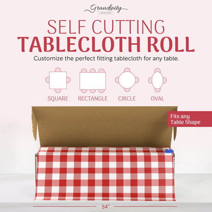 Grandipity Plastic Tablecloth Roll - 54in x 300 Ft. Red Gingham Checkered Plastic Table Cloths for Parties | Disposable with Cutter Box - Cut to Size Disposable Tablecloth for Rectangle & Round