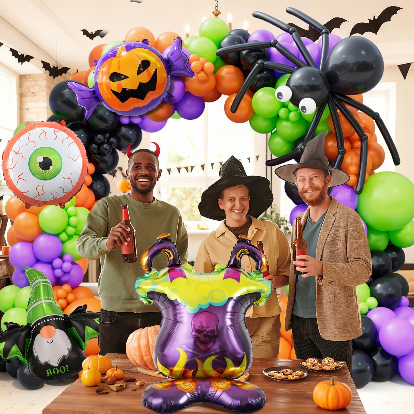 Bonropin Halloween Balloon Garland Arch kit with Black Orange Green Purple Spider Balloons Halloween Furnace Pumpkin Bat Eye Foil Balloons for Haloween Theme Party Background Classroom Decorations