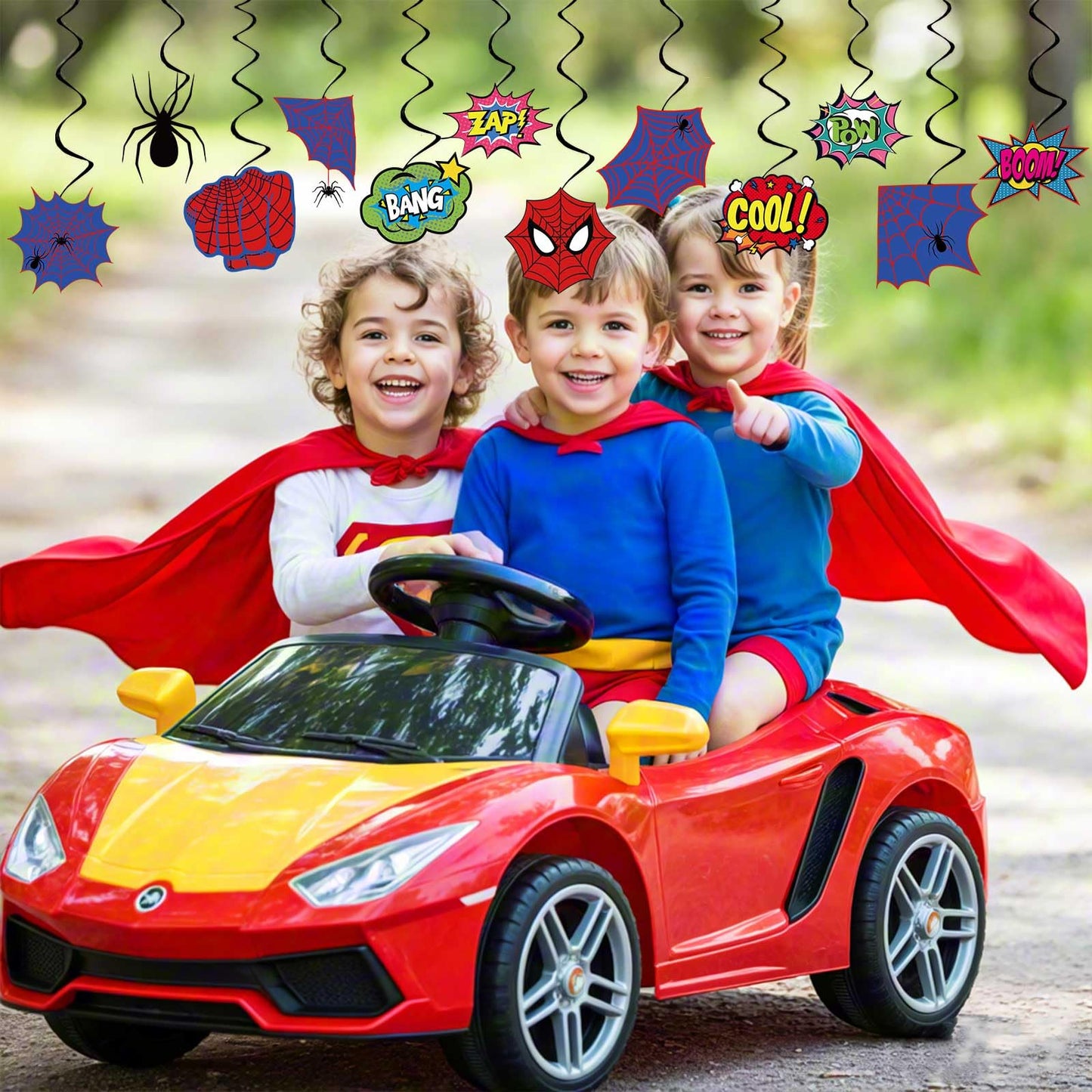 Spider Birthday Decorations Heros Party Decor, Assembled and Ready to Use, Spider Web Theme Party Hanging Swrils 24pcs Party Streamers Kids Birthday Party Decor Supplies