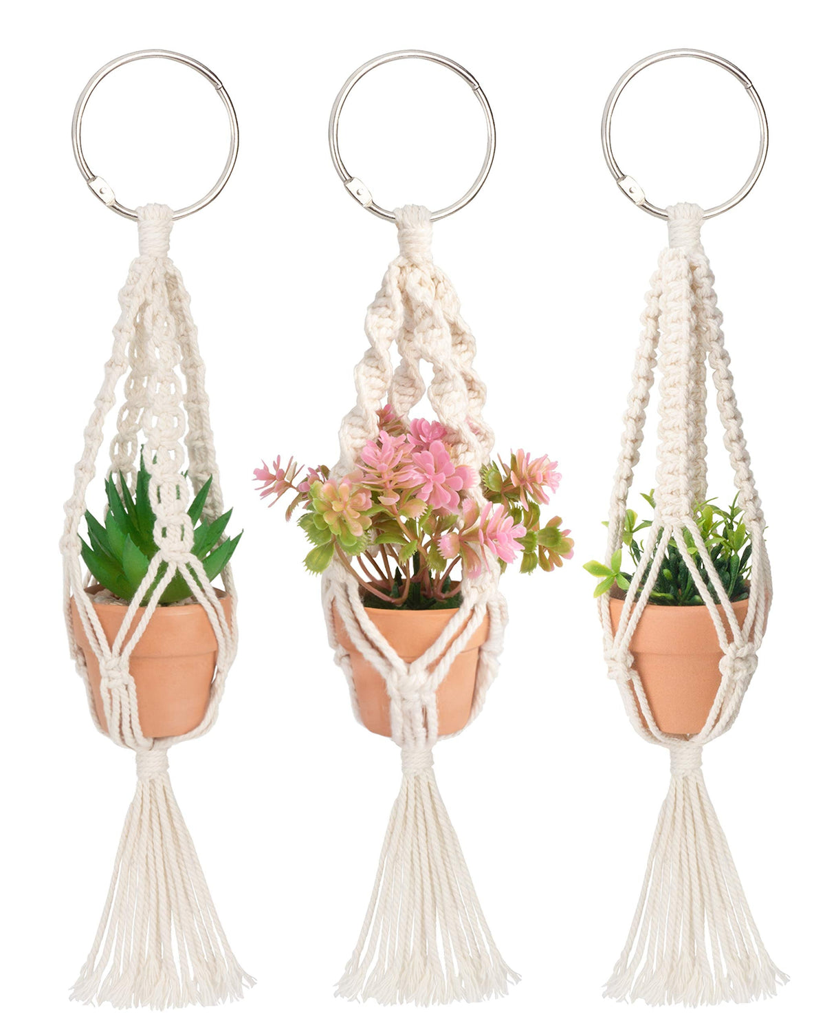 Macrame Plant Hangers, 3 Pcs Plant Hangers with Artificial Succulent Plants, Interior Car Accessories for Women, Rear View Mirror Accessories by MoHern