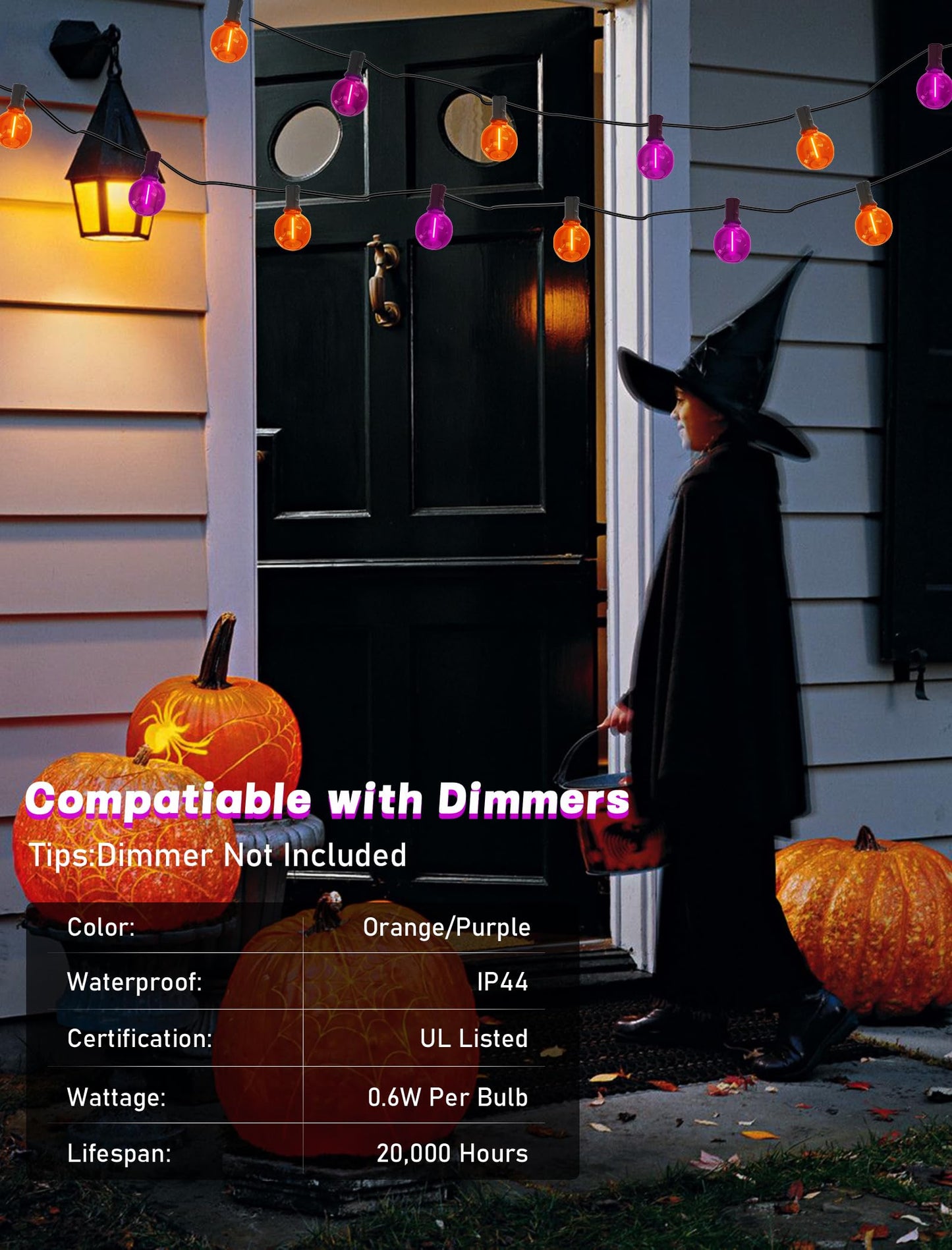 SUNSGNE G40 LED Outdoor Halloween String Lights 25FT Globe String Lights with 27 LED Shatterproof Clear Orange Purple Lights(2 Spare) for Patio Balcony Backyard Pergola Decor