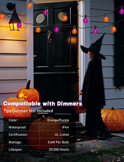 SUNSGNE G40 LED Outdoor Halloween String Lights 25FT Globe String Lights with 27 LED Shatterproof Clear Orange Purple Lights(2 Spare) for Patio Balcony Backyard Pergola Decor