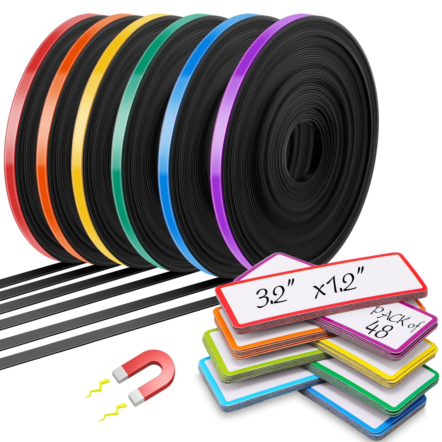 Tellegloww 6 Rolls 1/4" Magnetic Whiteboard Tape Set 33ft Magnetic Tape Roll Thin Strips Borders for Classroom Whiteboard with 48pcs Dry Erase Labels for Classroom School Office Home Students
