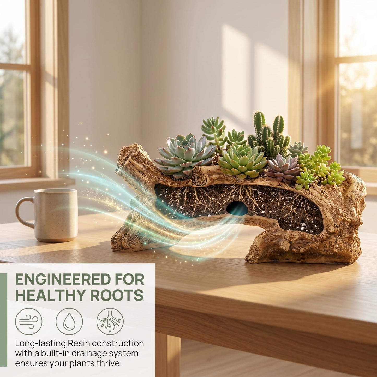 Hiceeden Artificial Driftwood Succulent Planter, Resin Tree Stump Sculpture Rustic Cactus Flower Pot for Herb, Strawberry, Small Plants, Natural Color Drainage Hole, 14.6" L x 4.3" W x 5.1" H