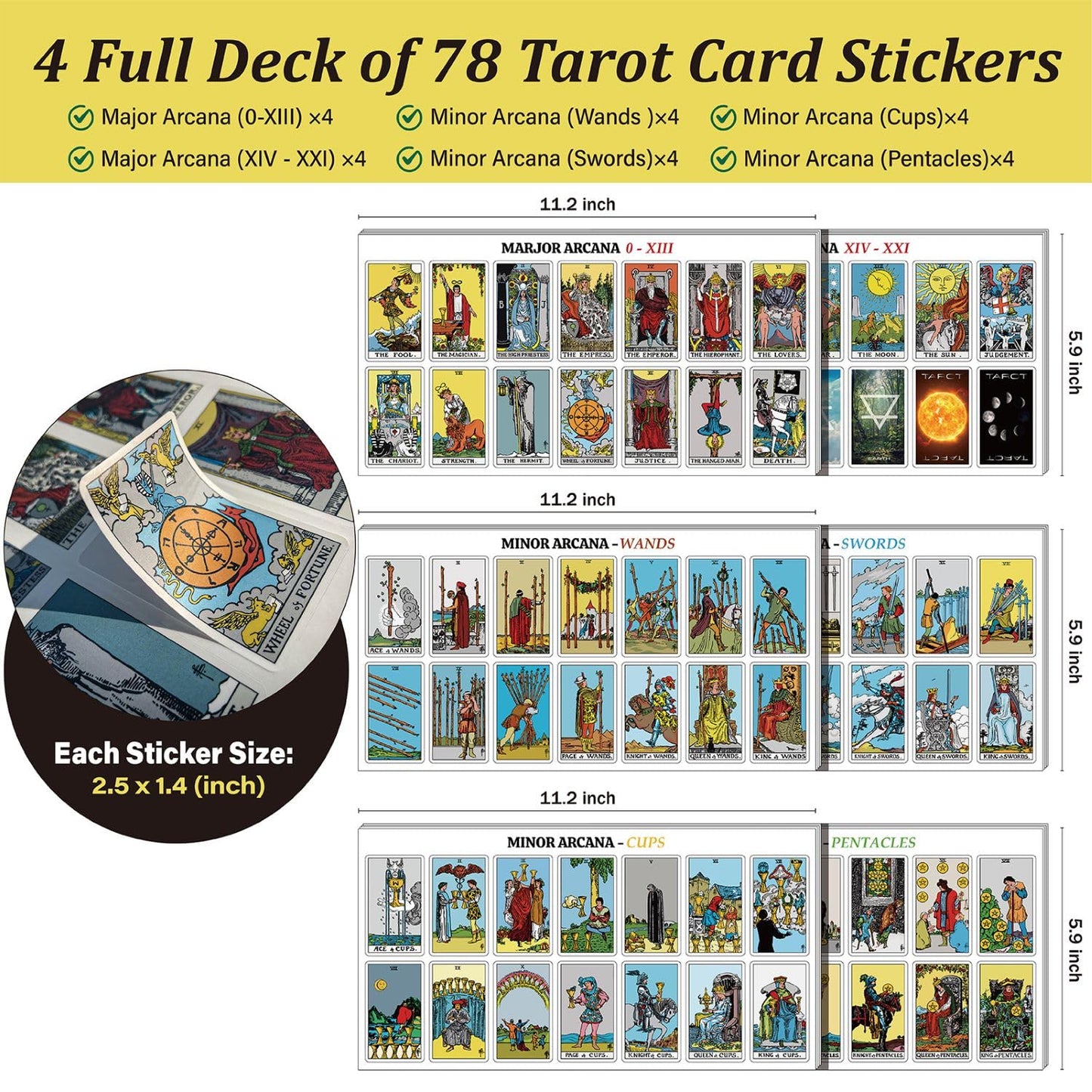 Joyppy 336 Pcs Tarot Stickers - 2.5" x 1.4" (6.3 cm x 3.6 cm) - 4 Sets RWS Full Deck Tarot Card Stickers for Tarot Journal & Planner - Tarot Cheat Sheets Included for Quick Learning & Spreads…