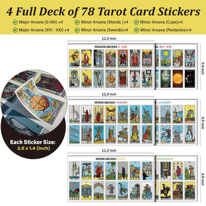 Joyppy 336 Pcs Tarot Stickers - 2.5" x 1.4" (6.3 cm x 3.6 cm) - 4 Sets RWS Full Deck Tarot Card Stickers for Tarot Journal & Planner - Tarot Cheat Sheets Included for Quick Learning & Spreads…