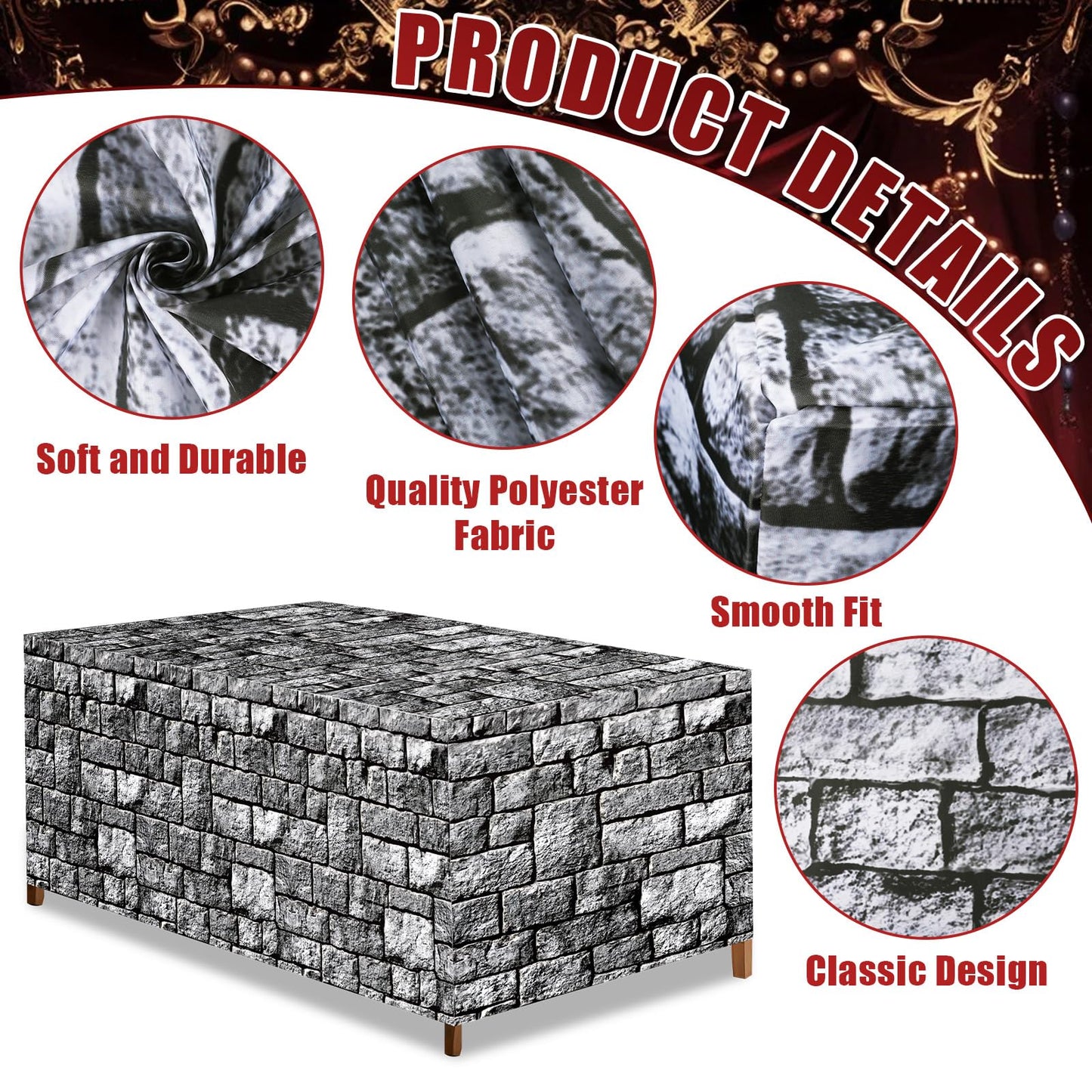 6Ft Medieval Brick Stone Wall Tablecloth Cobblestone Birthday Table Covers Decoration Castle Washable Fabric Polyester Rectangle Stone Table Cover for Halloween Knight Western Party Favors
