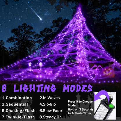 LED Spider Web Lights for Halloween Decorations Outdoor - 616 LEDs, 8 Lighting Modes, 16.4 Ft Light Up Giant Spider Webs (Purple)
