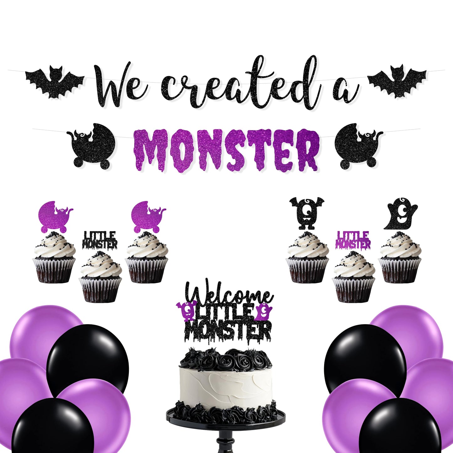 We Created a Monster Baby Shower Decorations – Spooky Baby Shower Banner, Little Monster Cupcake Toppers, Cake Topper & Balloons, Black & Purple Halloween Theme
