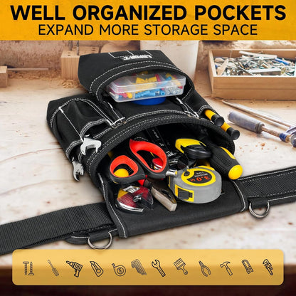 Tool Belt with Suspenders,27-Pockets Heavy Duty Tool Belts for Men with Magnetic Tool Pouch,Detachable & Adjustable Work Belt Bag for Electrician,Carpenter,Construction,Utility Toolbelt,Black