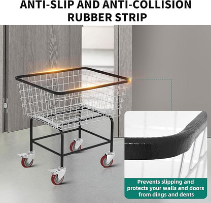Large Rolling Laundry Cart with Wheels Holds 2 Washer Loads, Wire Laundry Basket, Heavy-Duty Steel Storage Basket with Galvanized Finish, for Commercial or Home Laundry