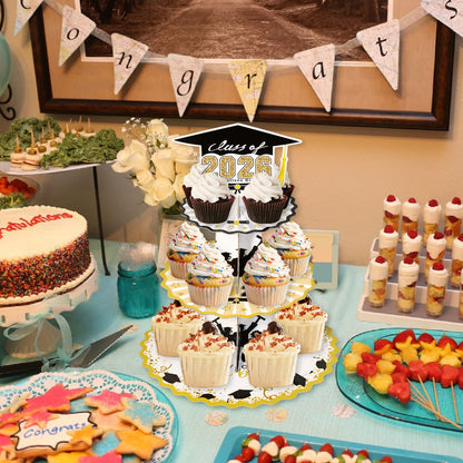 Crafterlife Set of 2 Graduation Cupcake Stand for 50 Cupcakes Black Gold Graduation Cap Decorations Cardboard Cake Dessert Holder Tower for Class of 2026 Congrats Grad Party Supplies