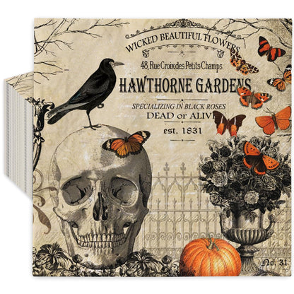 JarThenaAMCS 80Pcs Halloween Paper Napkin Vintage Skull Crow Luncheon Napkin Disposable Dessert Dinner Hand Napkin for Halloween Party Supplies