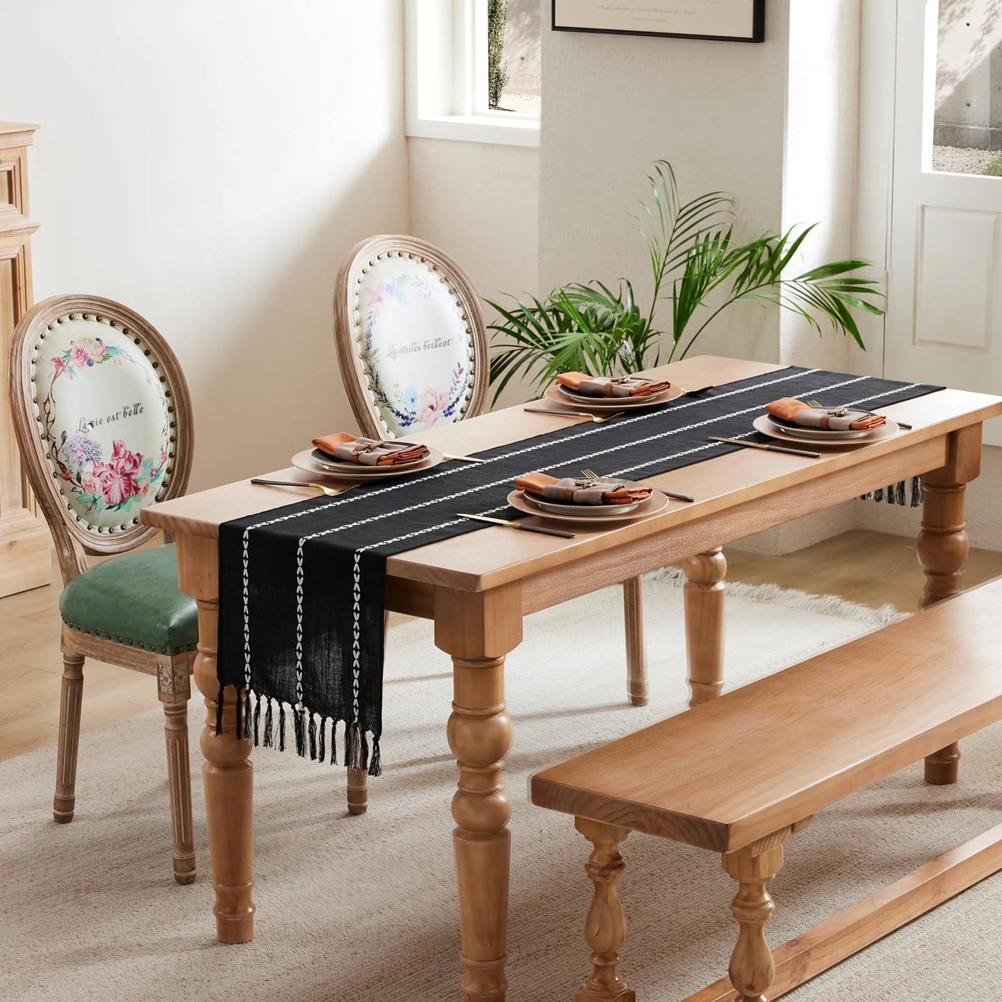 Niviy Halloween Black Table Runner 48 Inches Long, Fall Black Embroidered Striped Braided Boho Table Runner for Holiday Home Party Indoor Outdoor 12 x 48 Inch