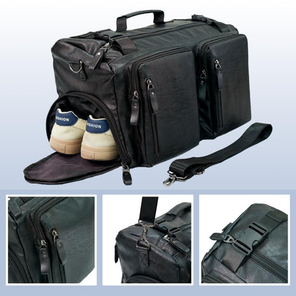 Leather Duffle Bag for Travel, Waterproof Overnight Weekend Gym Carry On Bag with Shoe Compartment for Men Women Black