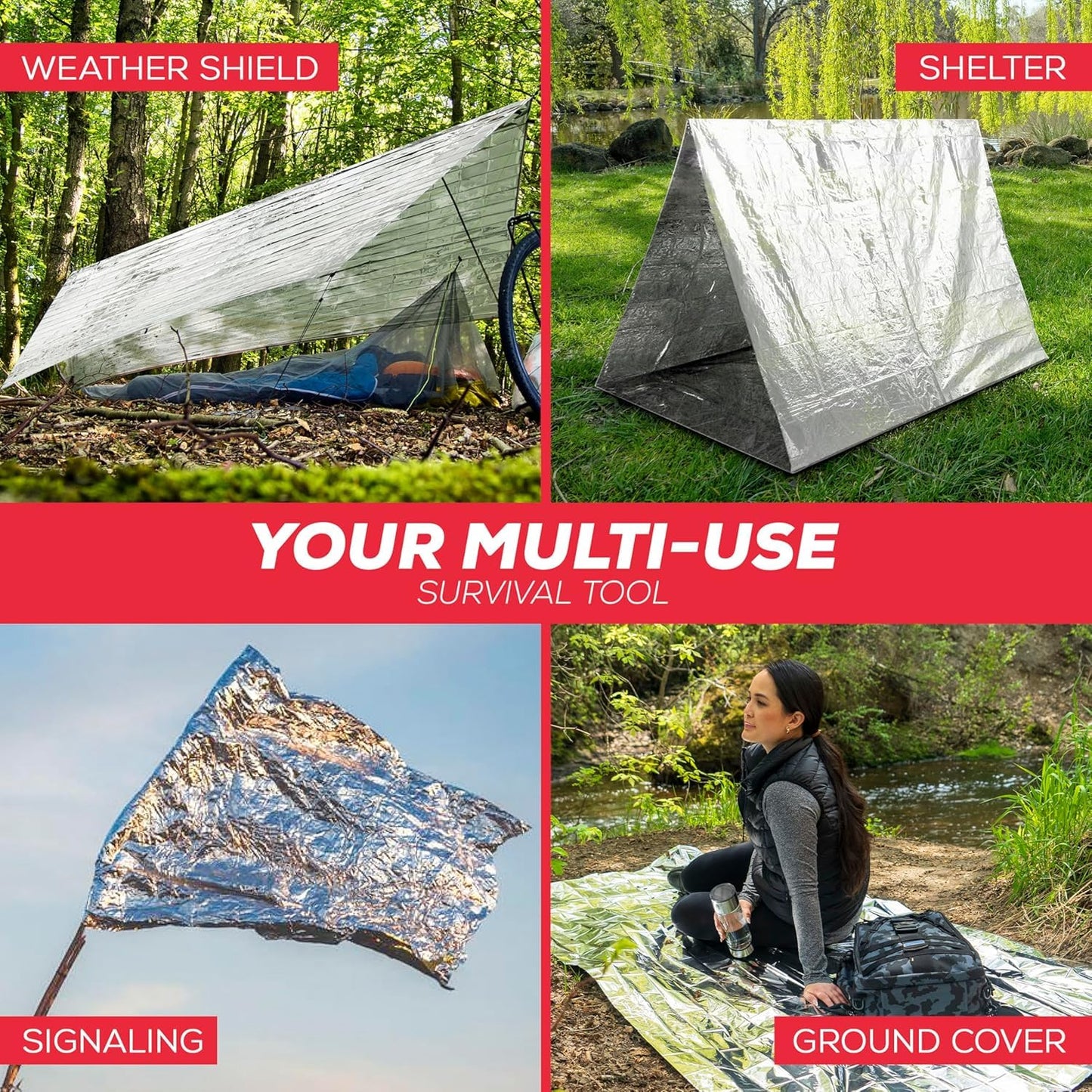 Emergency Blanket 4-Pack Space Mylar Blankets Survival Gear and Supplies Reusable Thermal Camping Hunting Essentials First Aid Car Emergency Kit Prepper Bug Out Bag Foil Warm Cat Cold Snow Winter