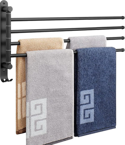 NearMoon Swivel Towel Rack, 19.5" Thicken 304 Stainless Steel 4-Arm Towel Bar, Space Saving Wall Mounted Towel Holder with Hook, Rustproof Swing Out Towel Hanger for Bathroom, Kitchen (Matte Black)