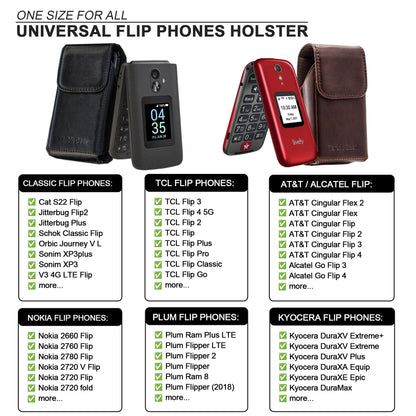 TarbicGear Leather Flip Phone Case with Belt Clip, Pouch for Kyocera & TCL & Nokia Flip Phone Holster for Belt, Cat S22 Case, Phones Sheath, Sonim XP3 Plus Magnetic Phones Pouch (Black)