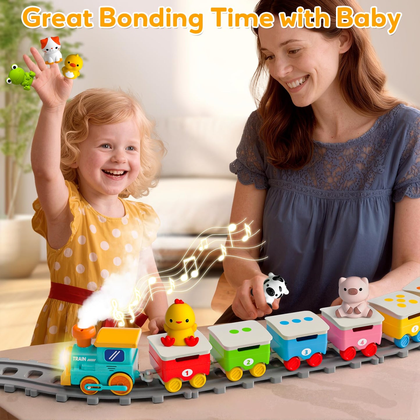 Toddler Toys for 1 2 3 Year Old, Electric Farm Animal Train Set with Music, Lights & Steam, Montessori Counting, Matching & Sorting Learning Toys, Christmas Birthday Gifts for Baby Boys Girls 18M+