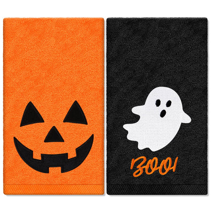 JarThenaAMCS Halloween Hand Towels Boo Ghost Pumpkin Face Embroidered Cotton Bathroom Towel Absorbent Bath Towel for Hand Drying Cleaning Cooking, 29.5 x 13.7 Inch, 2Pcs