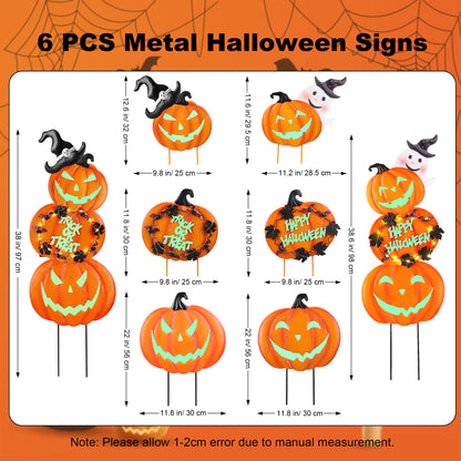 Fovths 6 Pieces 38.2 Inch Metal Halloween Pumpkins Yard Signs with Stakes Waterproof Solar String Lights Pumpkin Ghost Witches Hat Stakes for Halloween Theme Party Outdoor Garden Lawn Decor