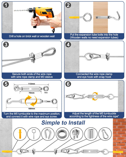 220 FT 1/16" Wire Rope Kit 304 Stainless Steel Cable with M5 Turnbuckles for Cables Wire, Vinyl Coated String Lights Hanging Wires for Outdoor Camping, Trellis, Garden, Clothes line, Curtain, Picture