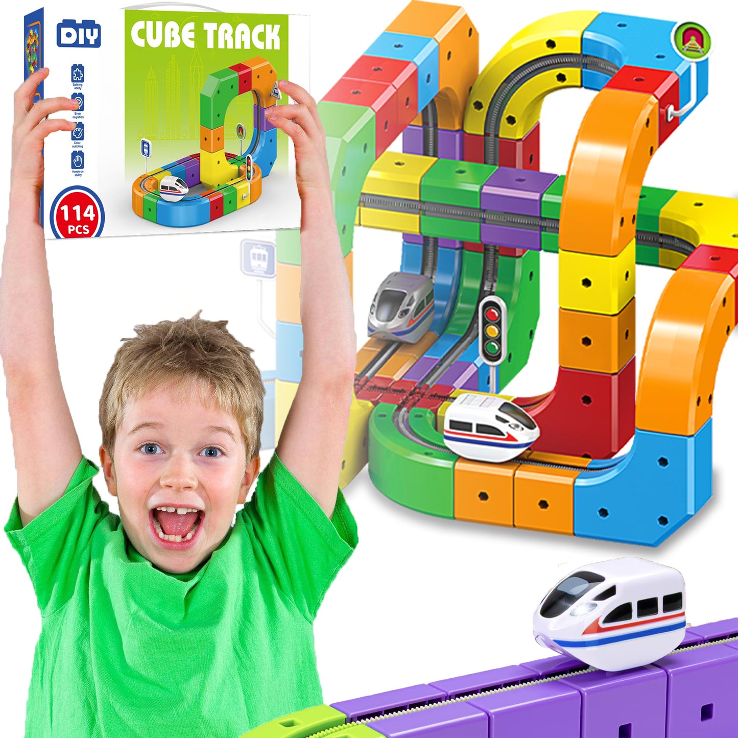 Electric Train Set for Kids 114 PCS, 3D Gravity-Defying Flexible Track with Motorized Train & Accessories, DIY STEM Building Toy with Traffic Signs, Gift for Boys Girls Ages 3-8