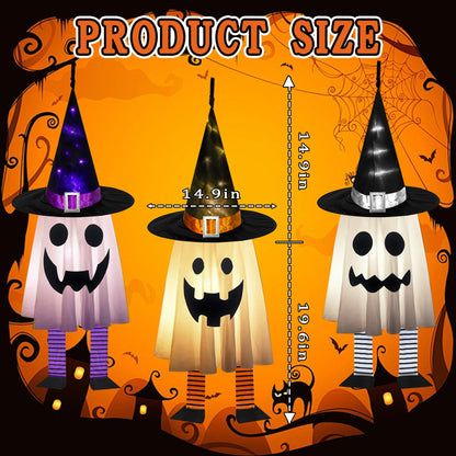 Halloween Decorations Outdoor - 3PCS Halloween Hanging Light up Ghosts, Orange & Purple & White Spooky Glowing Ghost Witch Hat for Garden Yard Tree Haunted Houses Indoor Outside
