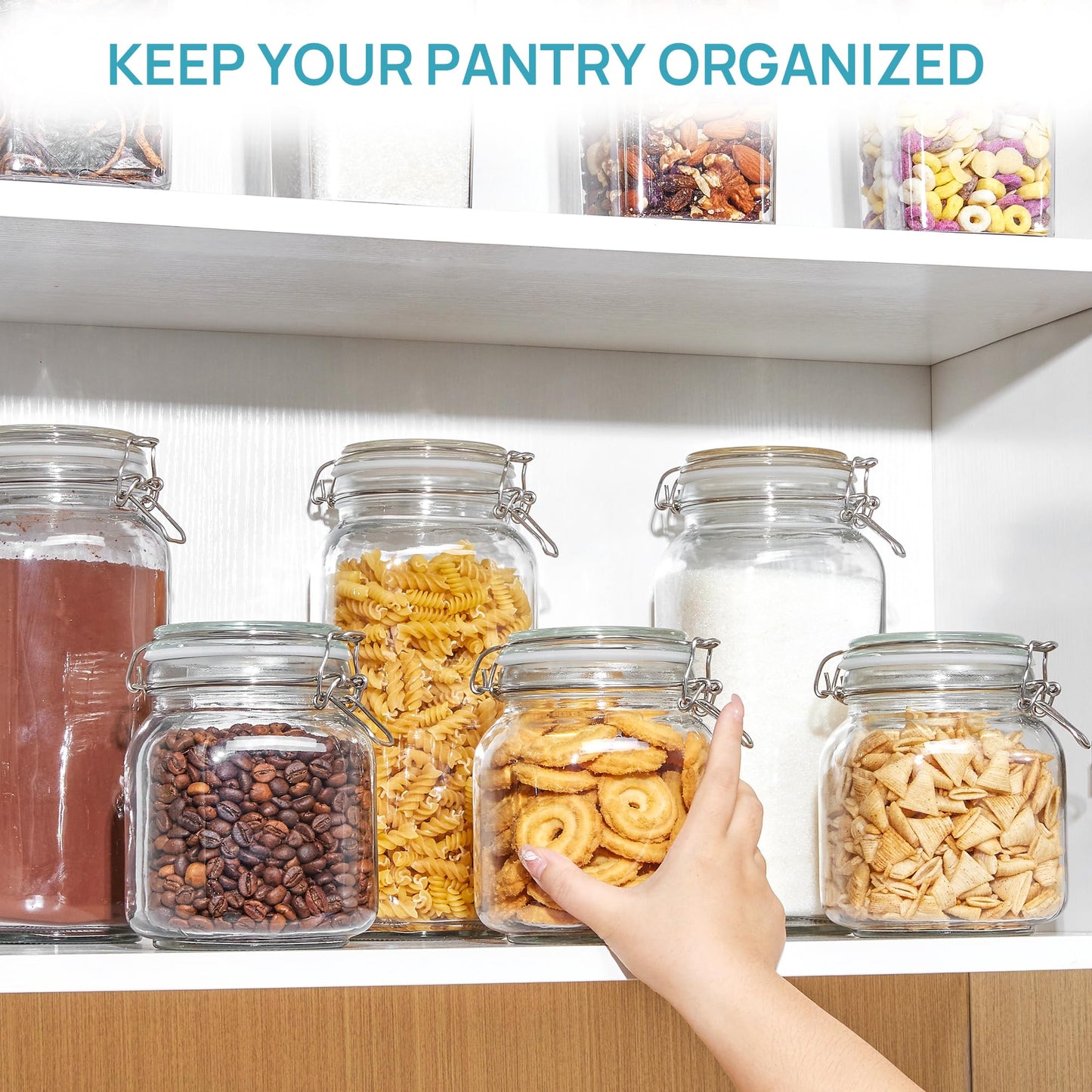 Vtopmart 78oz Glass Food Storage Jars with Airtight Clamp Lids, 3 Pack Large Kitchen Canisters for Flour, Sugar, Cereal, Coffee, Pasta and Canning, Square Mason Jars with 8 Reusable Labels