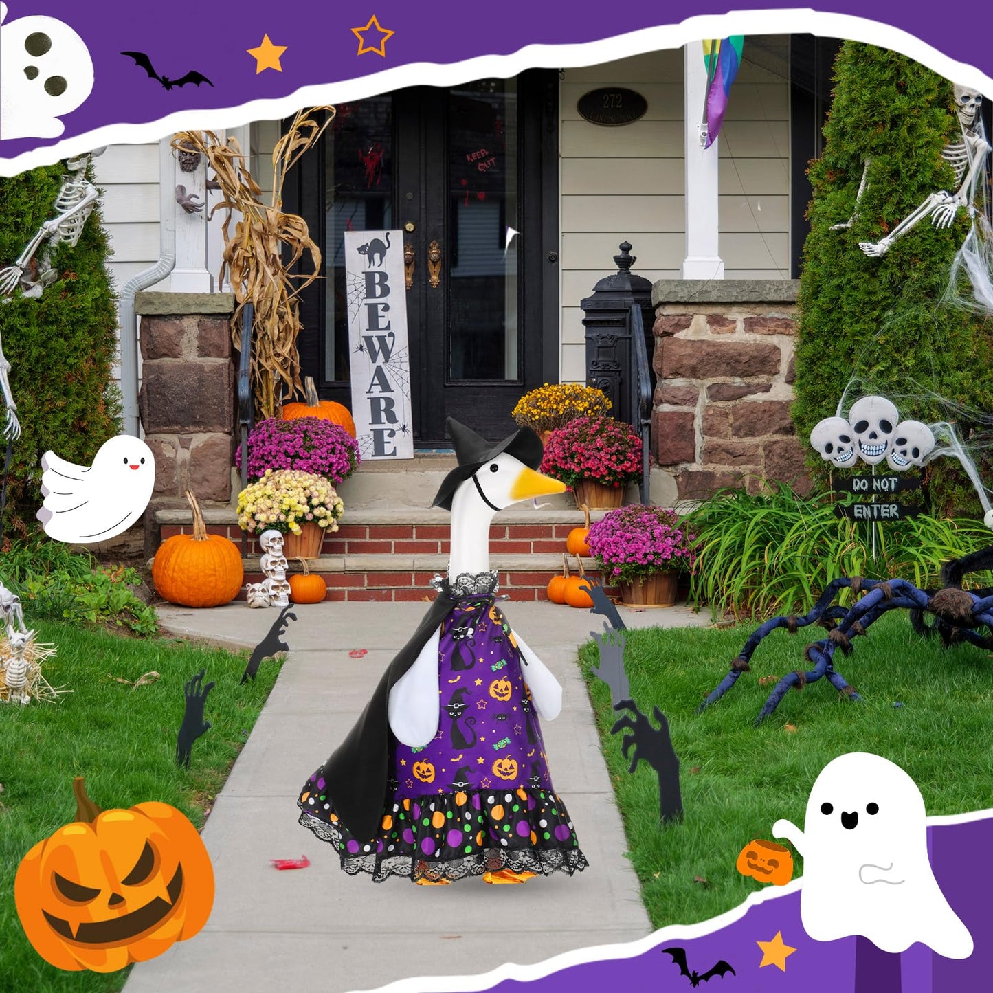 Shyyween Halloween Porch Goose Outfit Set for 23'' Plastic Lawn Goose Statue Clothes Witch Skirt Halloween Costume for Outdoor Patio Yard Lawn Art Decor
