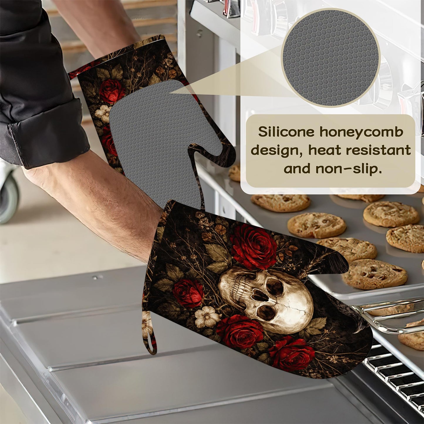 Oven Mitts and Pot Holders Gothic Skull Floral Silicone Kitchen Accessories Set of 4 Heat Resistant Gloves Potholder Non-Slip Grip for Chef Cooking Baking Grilling BBQ