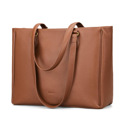 befen Real Leather Work Tote Bag for Women Multi-Pockets Shoulder Totes Purse Satchel Office Bags Handbag with Cup Holder for Work & Travel Cognac Brown