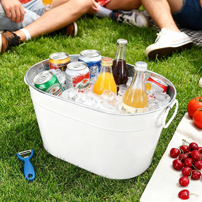 1PC Galvanized Tub Ice Bucket for Parties, Thick Metal Galvanized Drink Buckets, Beverage Tub with Handles, Drink Bucket for Indoor & Outdoor Party (White)