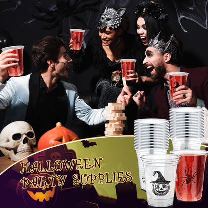 Teenyyou 100 pcs 16 oz Halloween Plastic Cups Disposable Halloween Clear Skull Pumpkin Spider Party Cups for Cold Drinks Candies Fruits and Party Supplies Decorations (Skull)