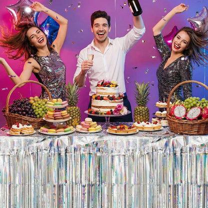 Yopay 8 Pack Iridescent Fringe Table Skirt, 108" X 29" Silver Tassle Banner for Mardi Gras, Bridal Shower, Wedding, Self-adhesive Disposable Table Cover Party Decoration