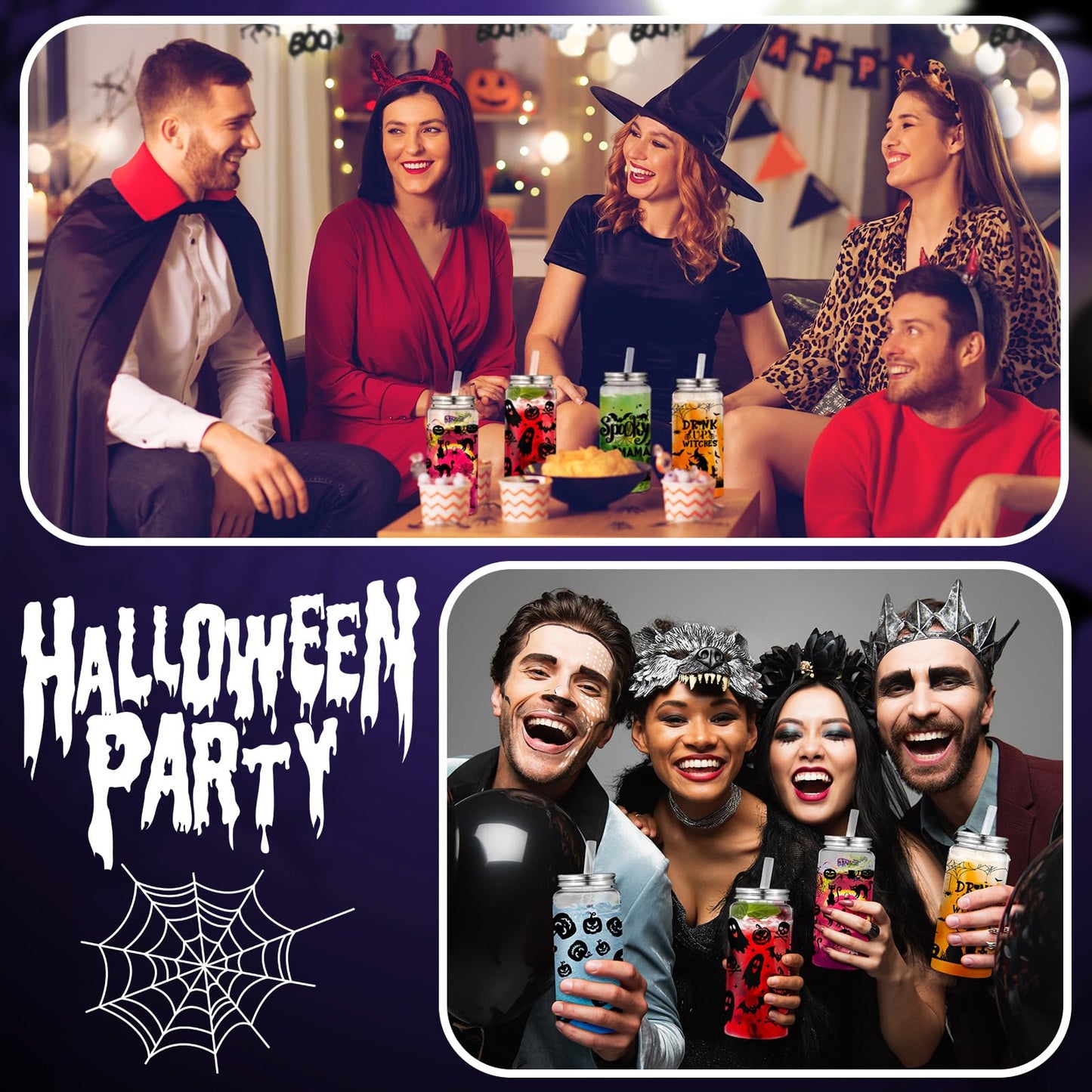 Pickmesh 48 Pcs Halloween Cups 13.5 oz Ghost Spooky Plastic Cups with Lids and Straws Bulk for Halloween Party Supplies Pumpkin Skinny Drinking Tumblers Mugs Gifts for Women