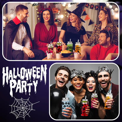 Pickmesh 48 Pcs Halloween Cups 13.5 oz Ghost Spooky Plastic Cups with Lids and Straws Bulk for Halloween Party Supplies Pumpkin Skinny Drinking Tumblers Mugs Gifts for Women