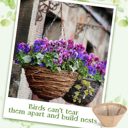 Novabright 4 Pack Round Burlap Liners with Drainage Hole and Plastic Interior Liner 14 Inch Rustic Burlap Planter Liner for 14" Diameter Hanging Baskets