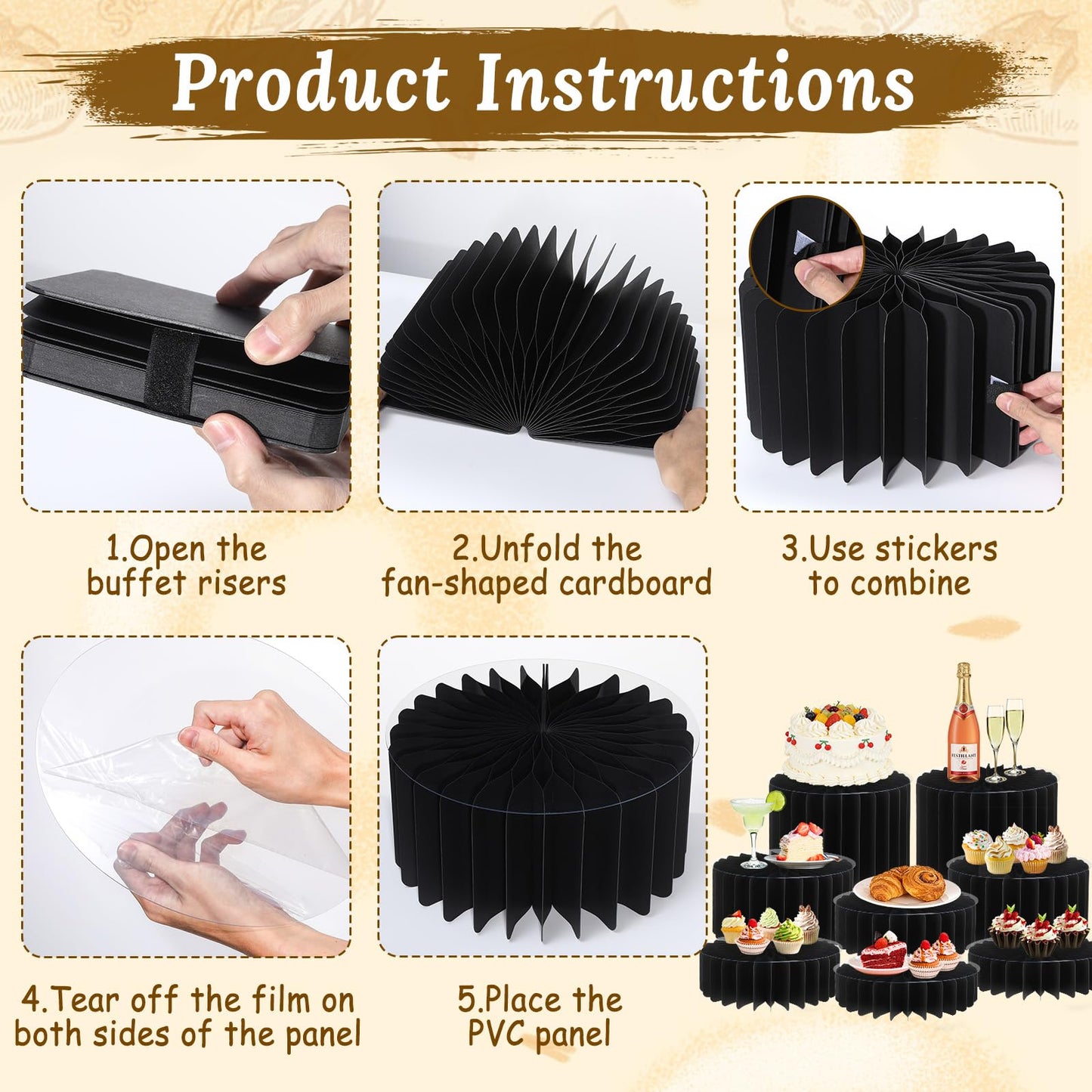 8 Pack Buffet Risers Display Stands, Foldable Food Risers for Buffet Table, Tall Cake Cupcake Stands, Cardboard Cylinder Stand, Dessert Table Display Set for Catering, Jewelry, Wedding, Party Decor (Black)