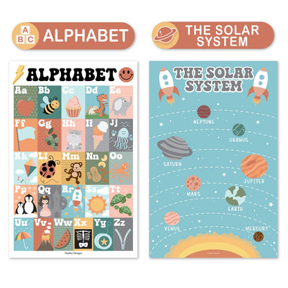 Hadley Designs 4 Alphabet, Map of United States, World Map, & Solar System Posters - Laminated ABC Charts for Toddlers Wall Decor, Retro Posters for Kindergarten, Prek Classroom or Homeschool 11x17