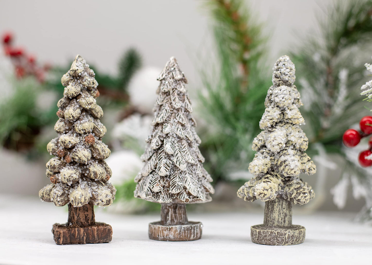 Transpac Rustic Snowy Tree Cream and Brown 5 Inch Resin Figurine Set of 3