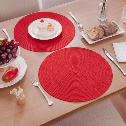 SHACOS 15 inch Round Placemats Set of 6 Braided Non Slip Washable Place Mats for Dining Tables Kitchen Table Mats Home Wedding Party Decor (Red, 6)