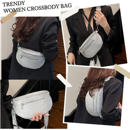 Long Keeper Crossbody Bags for Women Vegan Leather Trendy Sling Chest Bag with Adjustable Wide Strap Small Travel Fanny Pack (Silver)