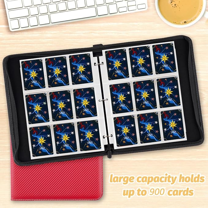900 Pockets Round Ring Trading Card Binder, 9-Pocket Clear Zipper Card Album with Wrist Strap, Holds 900 Standard TCG & Sports Cards, Not Fit Top Loaders(Carbon Red)