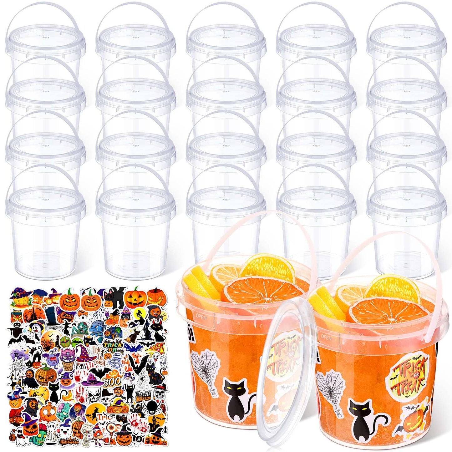 Sliner 20 Pcs 34 oz Halloween Candy Bucket Small Halloween Pail 100 Horror Stickers Halloween Cocktail Rum Buckets with Lid and Handle for Halloween Candy Drinks Food Container