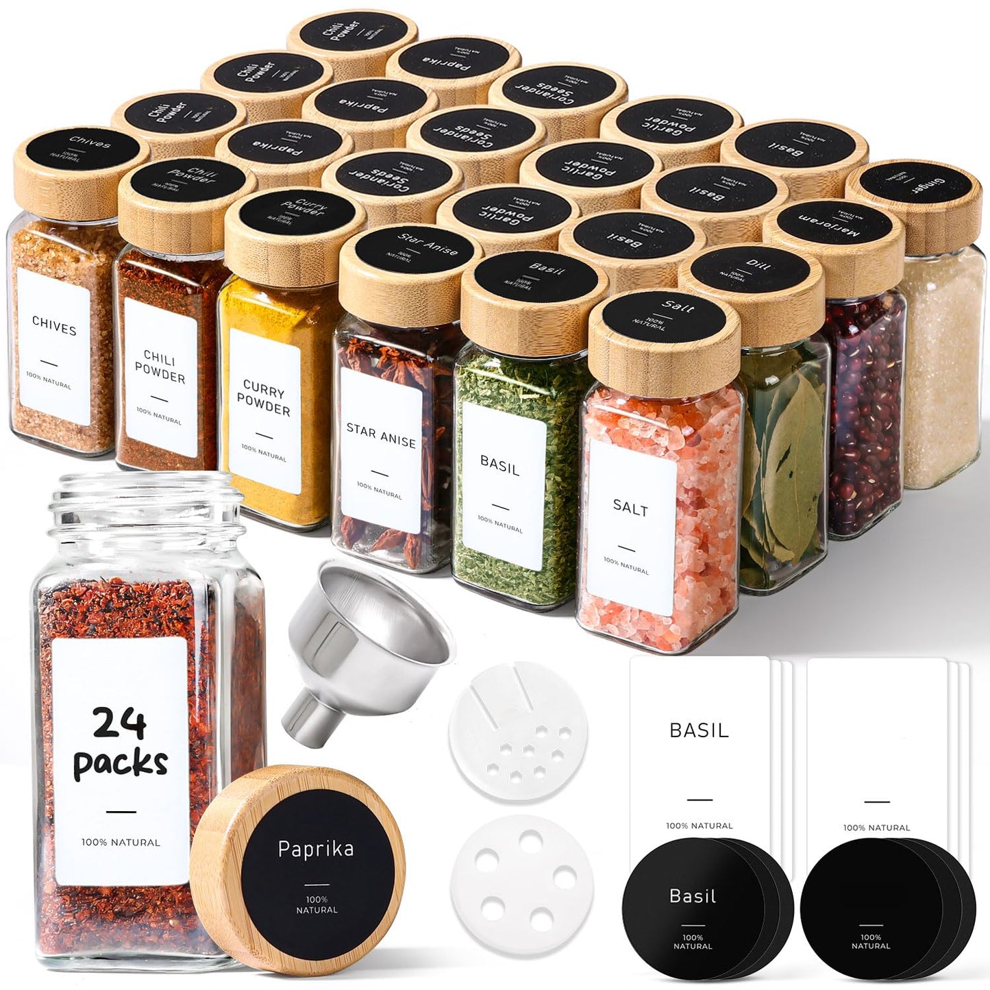 ComSaf Aesthetic Minimalist Spice Jars Set, 4 oz 24Pcs Glass Spice Containers with Labels, Bamboo Lids, 6 Extra Shaker Inserts, 93 Labels, Metal Funnel, Square Jars for Pantry Organization